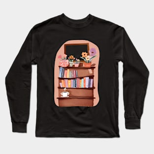 Cute Bookshelf with Flowers and Books and Coffee Cup Long Sleeve T-Shirt